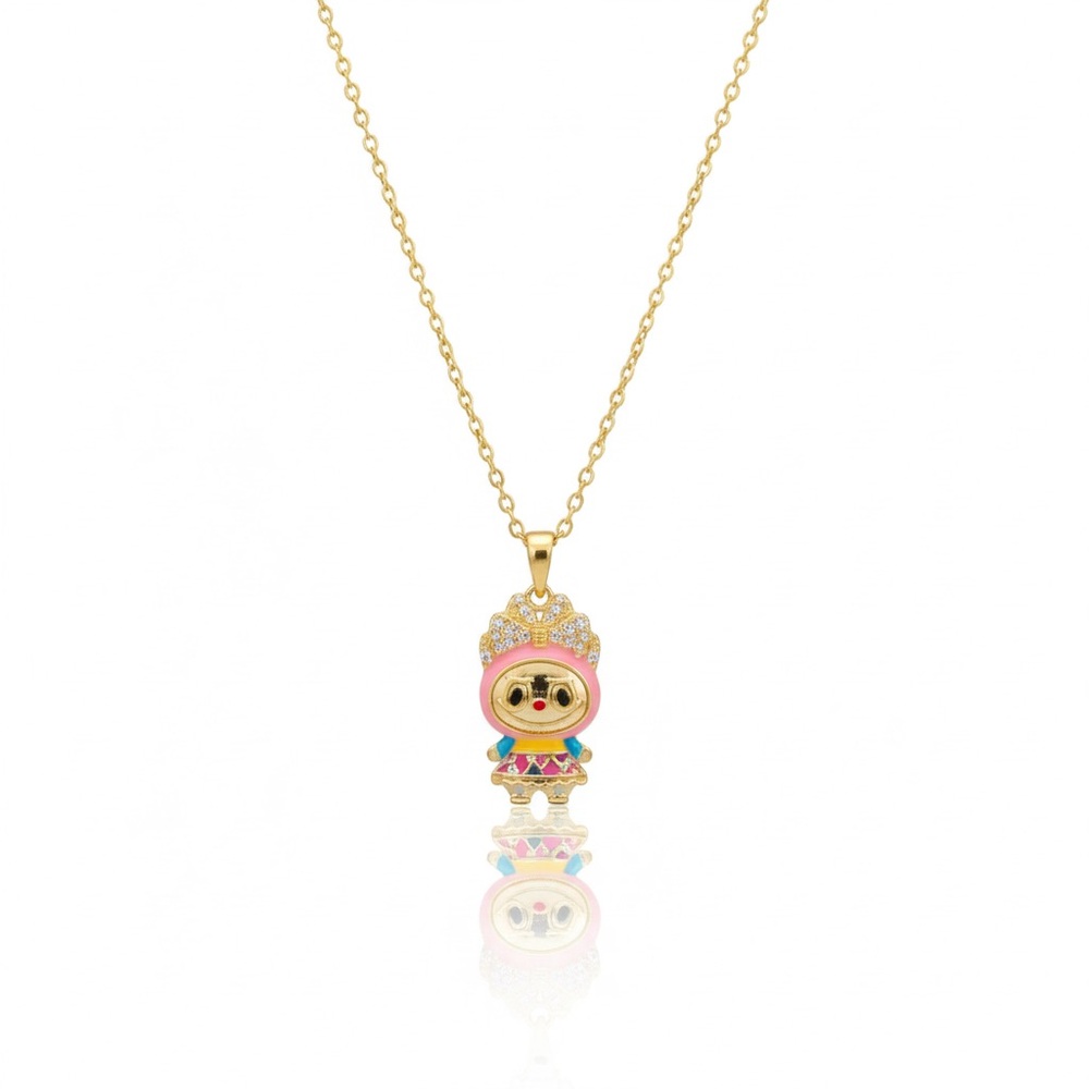 Gold Pink Labubu Pendant Necklace